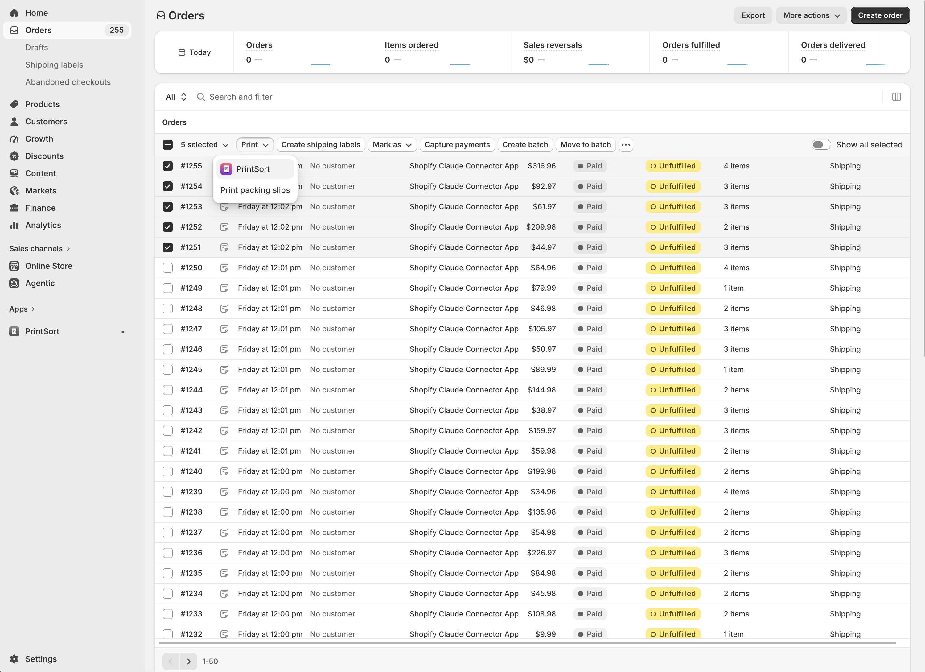 PrintSort Pro print action in Shopify admin orders page