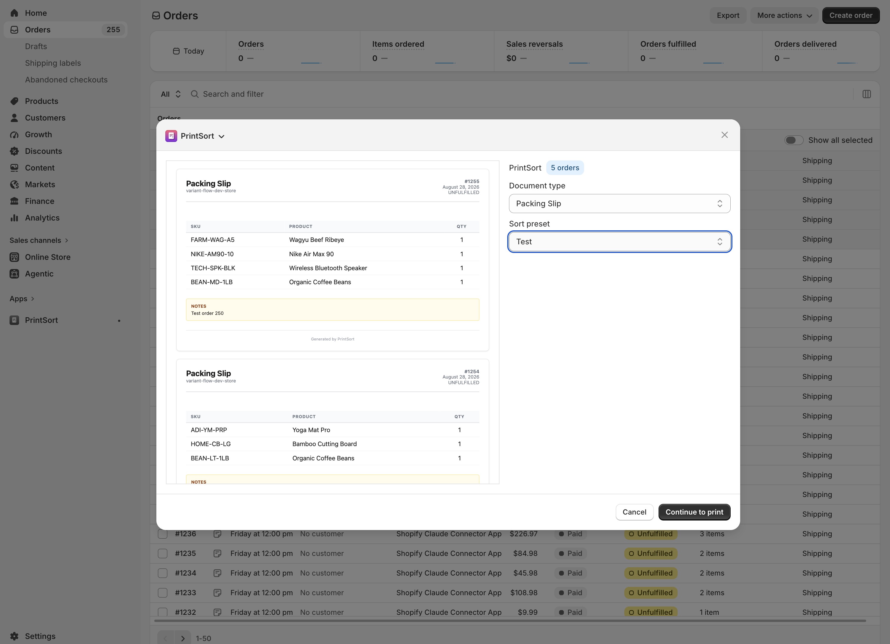 PrintSort Pro print dialog with sorted packing slips