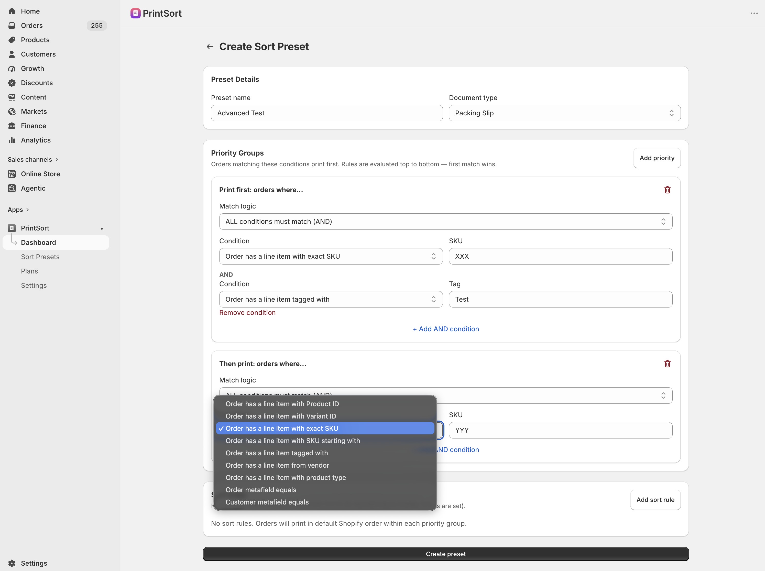 PrintSort Pro sort condition dropdown showing all options