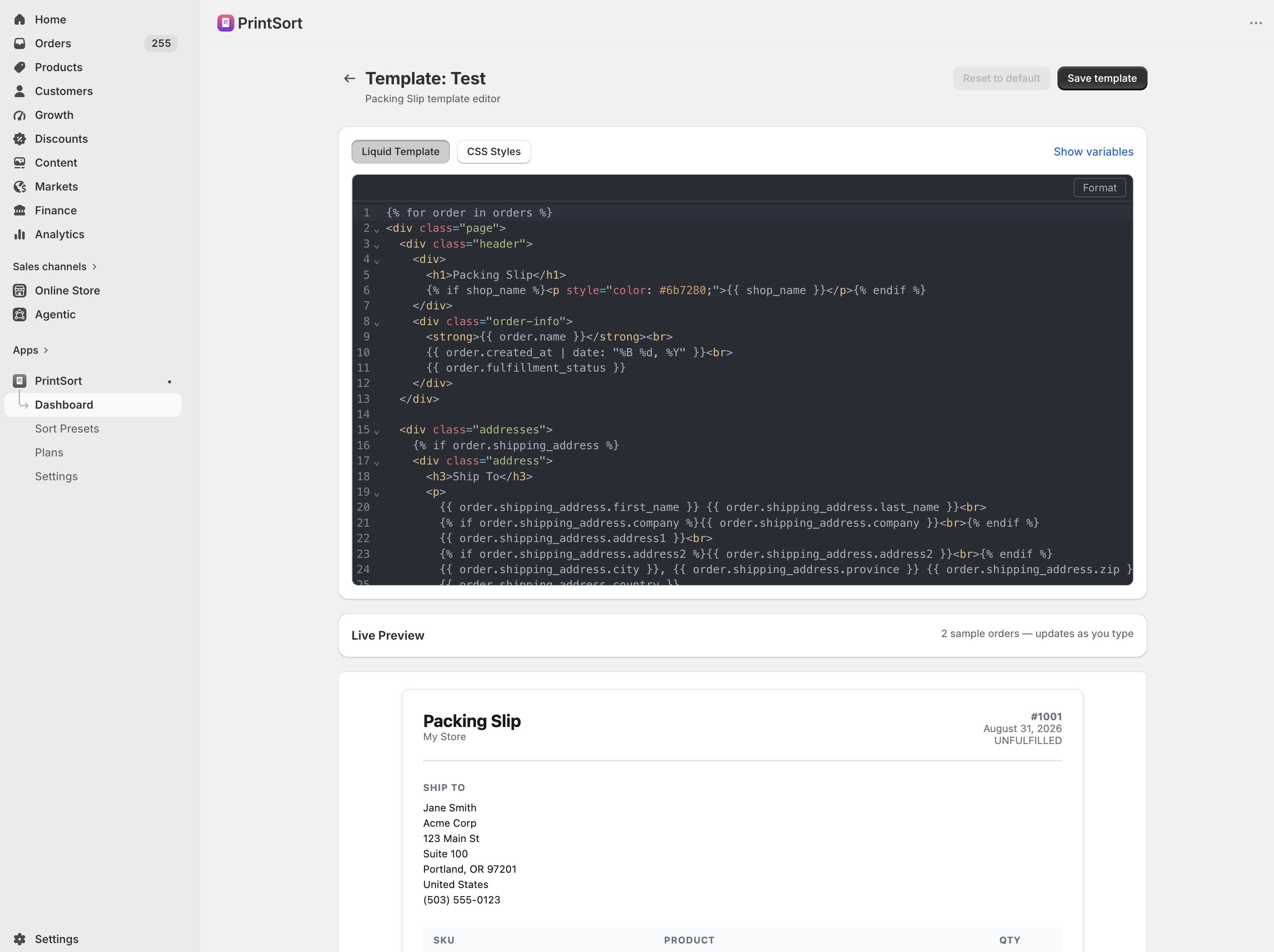 PrintSort Pro Liquid template editor with live preview